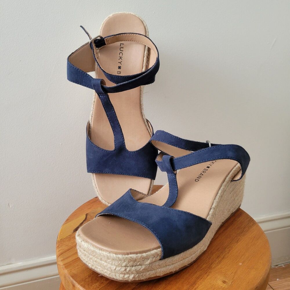 Lucky Brand Valki Navy Blue Suede Espadrille Wedge Sandals T-Strap Platform 8.5